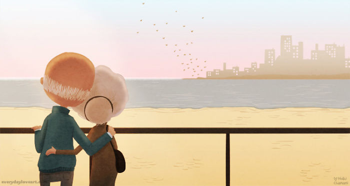 Illustration of old couple looking out to sea