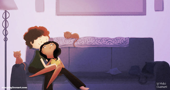 Illustration of couple cuddling on couch