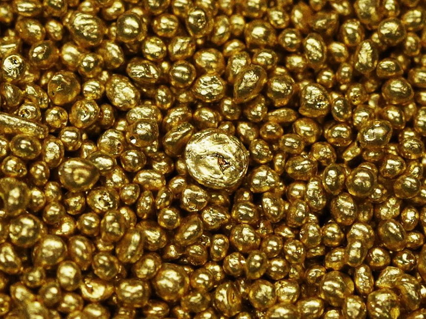 Gold granulate is seen at a plant of gold refiner and bar manufacturer Valcambi SA in the southern Swiss town of Balerna